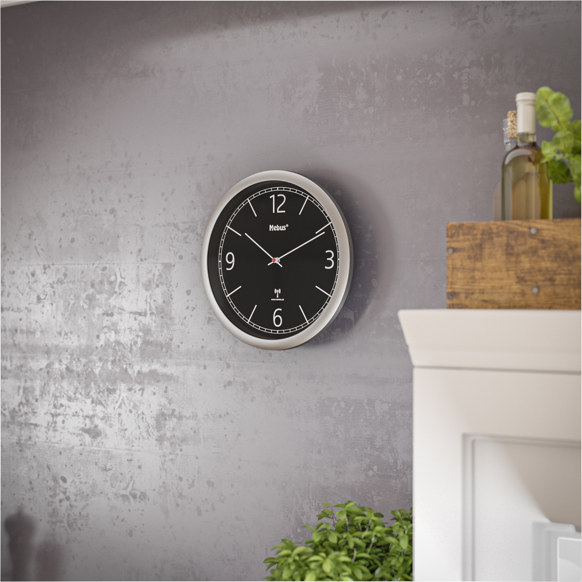 MEBUS Funk-Wanduhr - silber-schwarz - Ø 25 cm