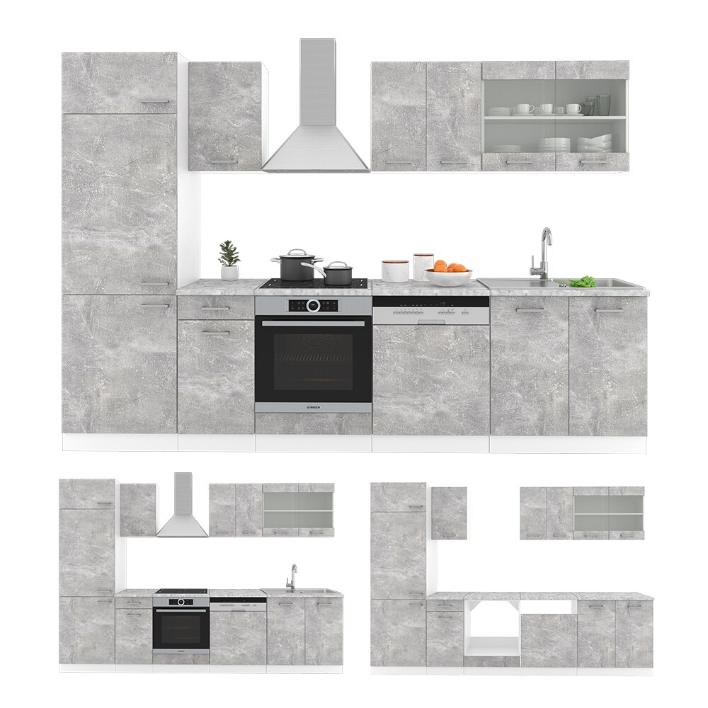 VICCO KÜCHE R-LINE 300 CM KÜCHENZEILE KÜCHENBLOCK EINBAUKÜCHE BETON MIT ARBEITSPLATTEN
