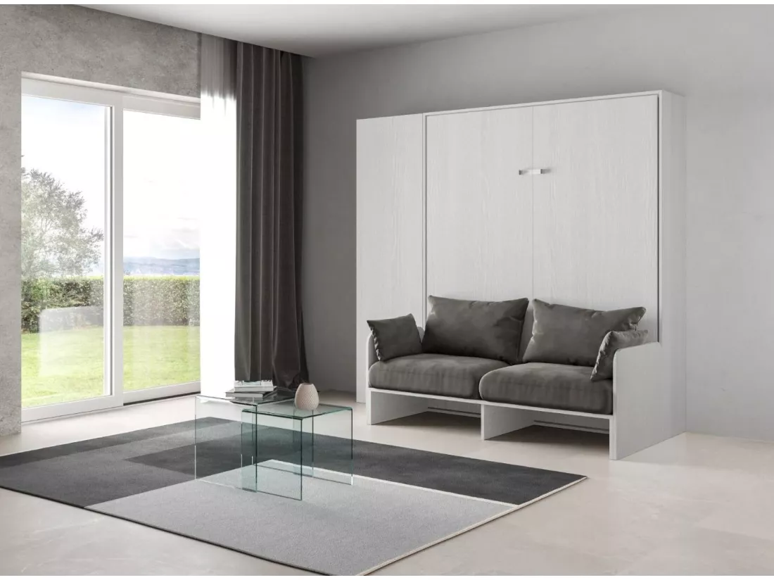 Armoire lit 120x190 avec canapé et colonne de rangement bois blanc Kanto-Couleur Microfibre 17