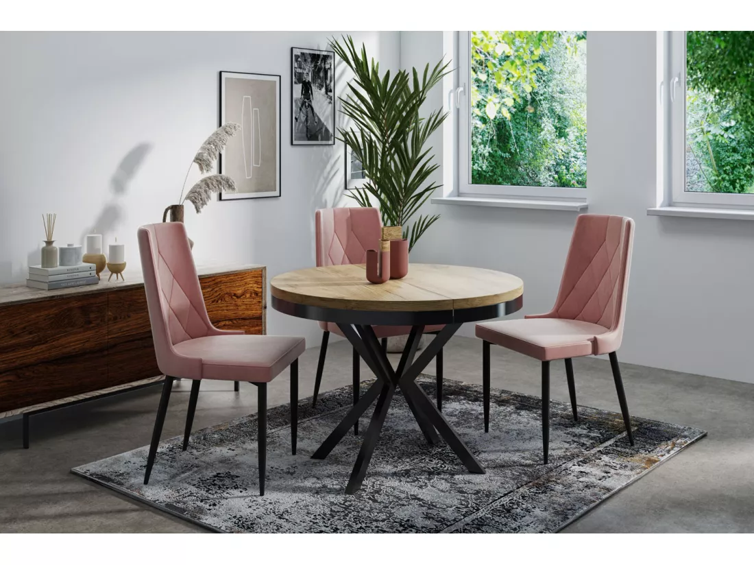 Table à Manger Extensible Ronde - Table Style Loft Avec Pieds En Métal - 100 à 180 Cm - Table Ronde Style Industriel Pour Le Salon - Compacte - Chêne Craft/noir - 1