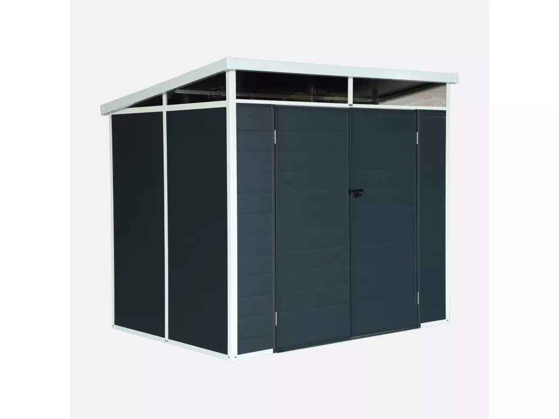 Abri de jardin plastique 4.55 m². anthracite. avec toiture monopente skylight. fenêtre et grande porte d'entrée. 238 x 190 x 215 cm