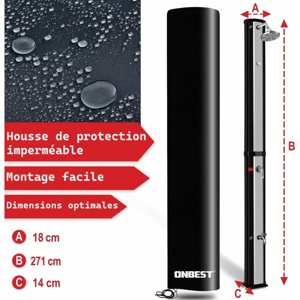 Douche solaire extérieure de camping avec robinet supplémentaire housse de protection-thermomètre intégré 60°c noir/argent