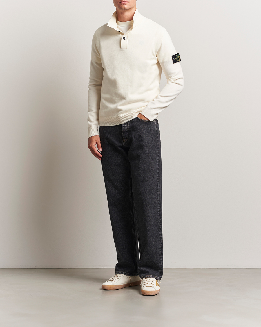 Stone Island Stretch Wool Knitted Half Button Jumper Ivory