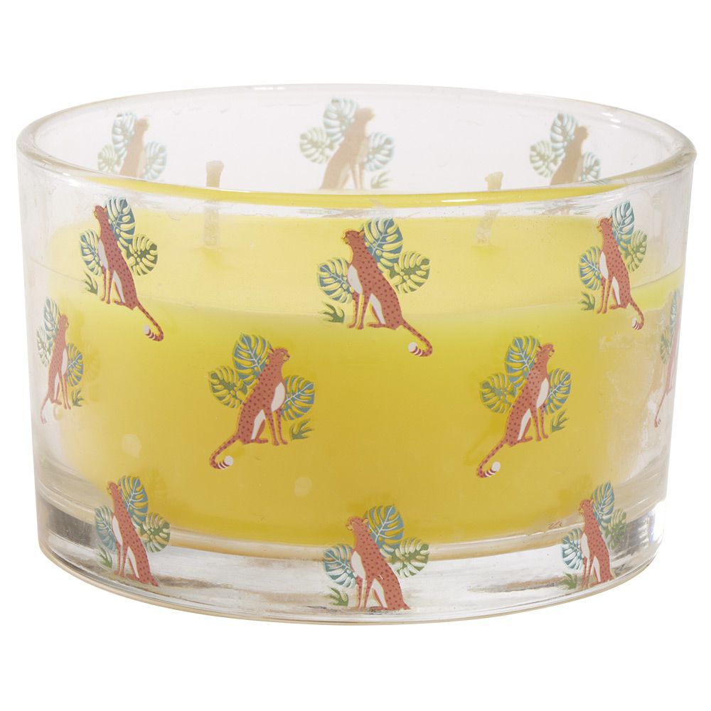 Bougie citronnelle pot en verre motif tropical 30H - Ø13xH8cm