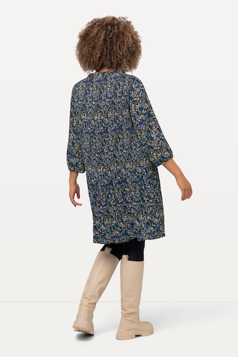 Plissee-Minikleid, Blüten, Rüschen, Stehkragen, 3/4-Arm