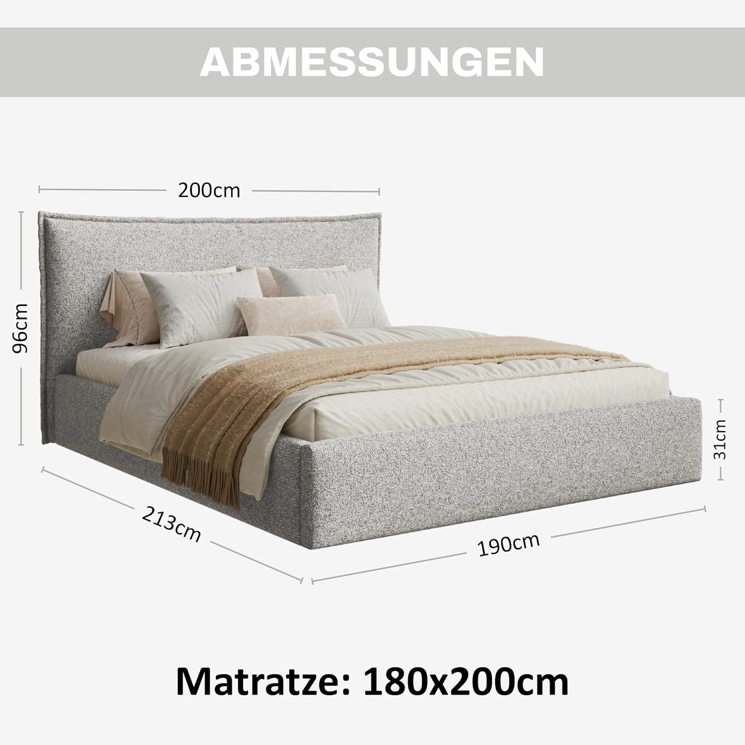 Leno Bett 180x200 Grau Strukturstoff, mit Stauraum, mit Kopfteil, mit Lattenrost, ohne Füße, ohne Matratze, Polsterbett 180x200 mit Bettkasten Grau (Hellgrau)