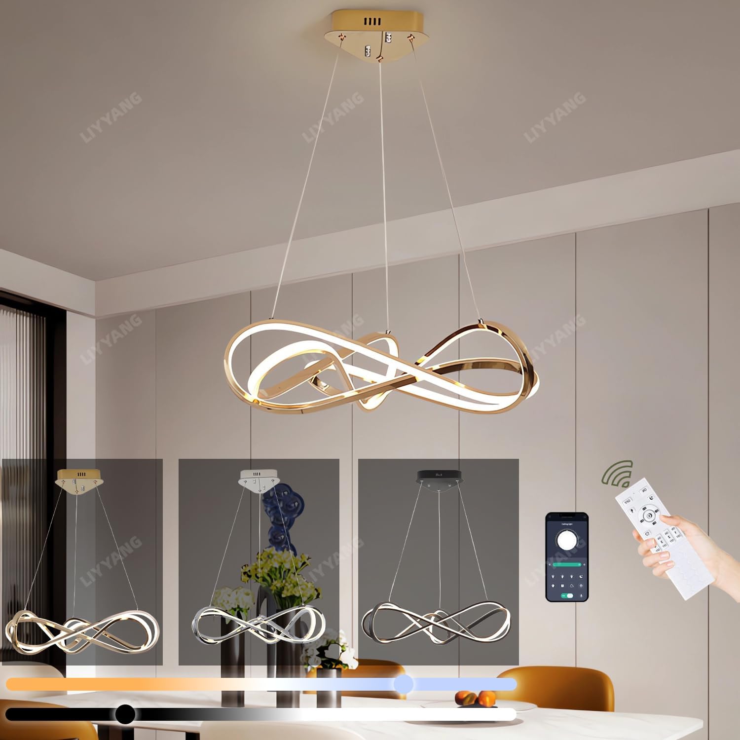 Kronleuchter Esstisch LED Pendelleuchte Esszimmer mit Fernbedienung Dimmbar Moderne Hängeleuchte Esszimmerlampe hängend Höhenverstellbar Esstischlampe Bürolampe Schreibtischlampe (Gold, Φ55cm 55W)