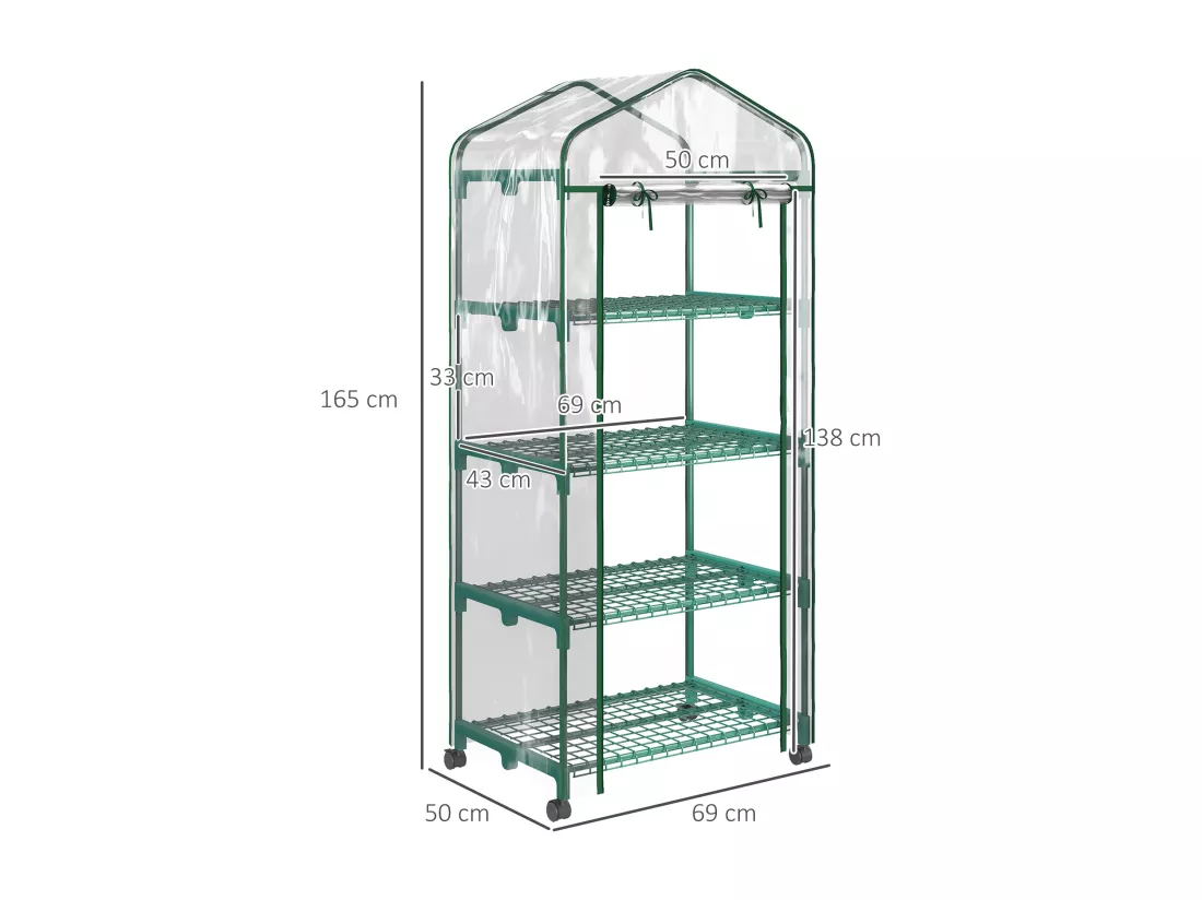 Serre de jardin balcon sur roulettes 4 étagères dim. 0,69L x 0,5l x 1,65H m acier thermolaqué bâche PVC porte zippée transparente