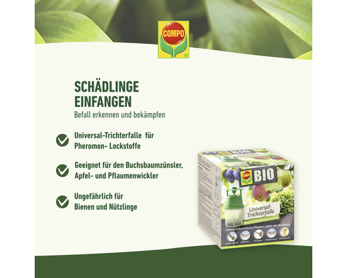 Universele trechterval COMPO BIO 6x1 beschermt buxus-, pruimen-, appel- of perenbomen. Feromoonlokstoffen apart verkrijgbaar.