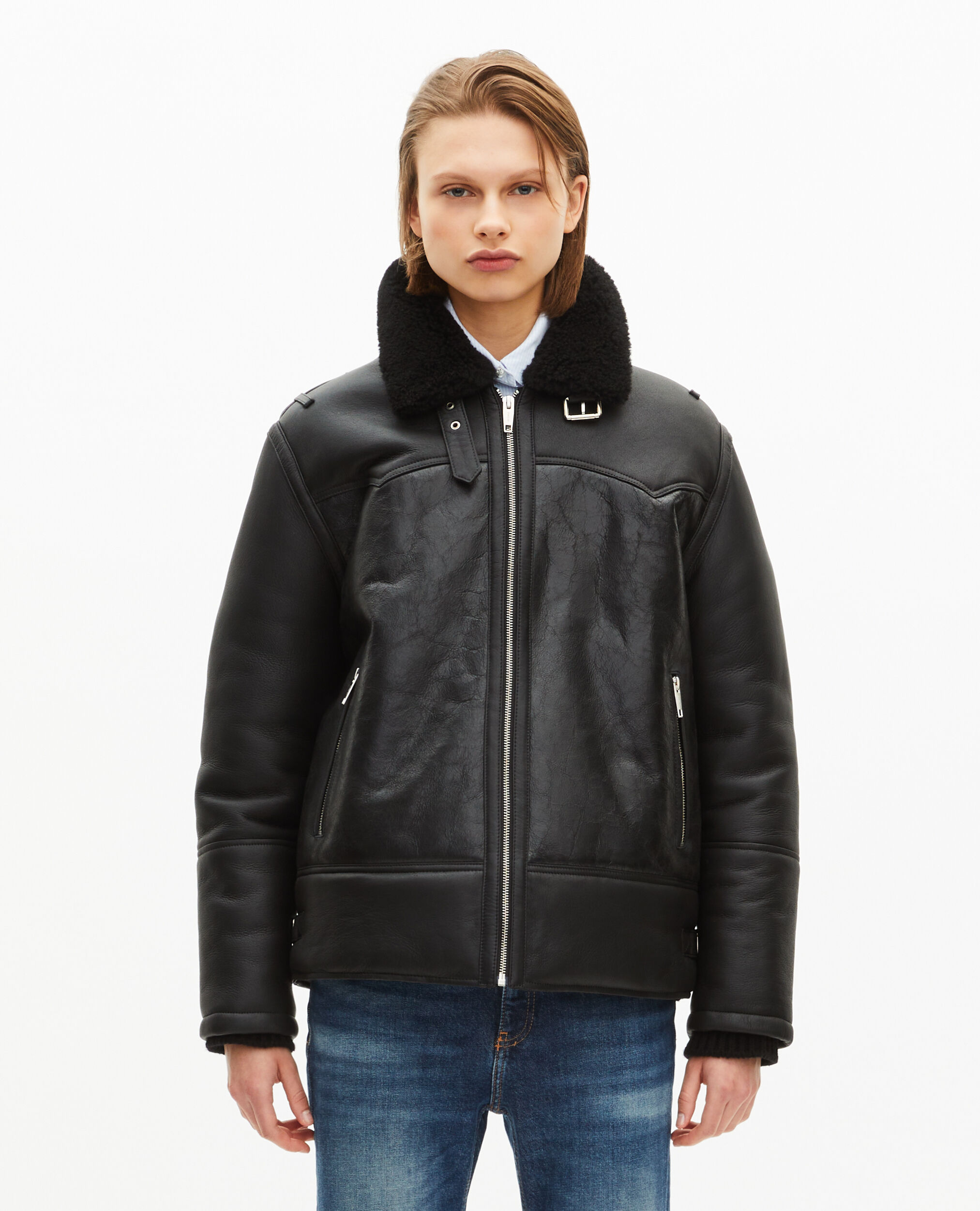 Peau lainée courte col sherpa noire