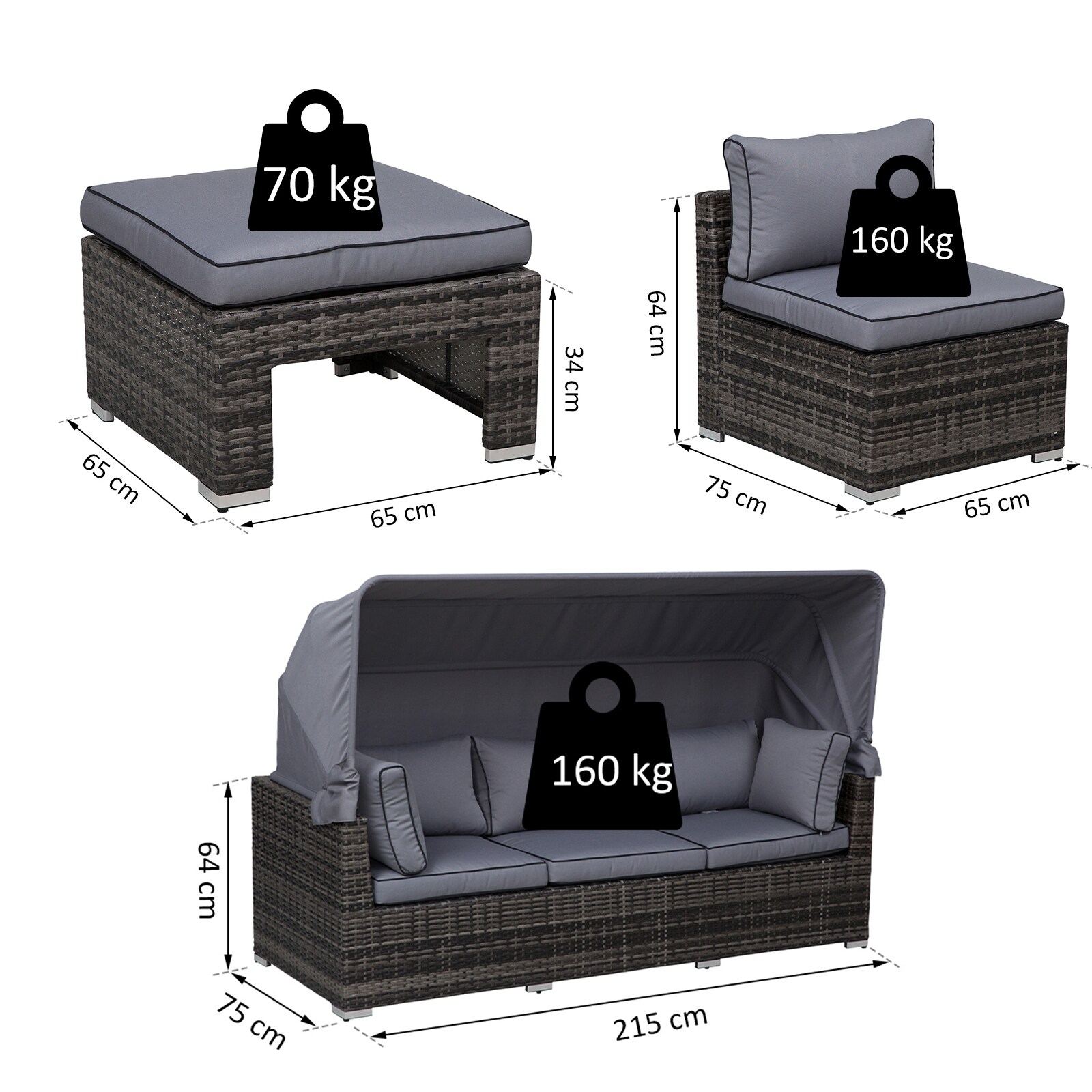 Outsunny Polyrattan Lounge-Set mit Sonnendach, Kissen und Beistelltisch grau