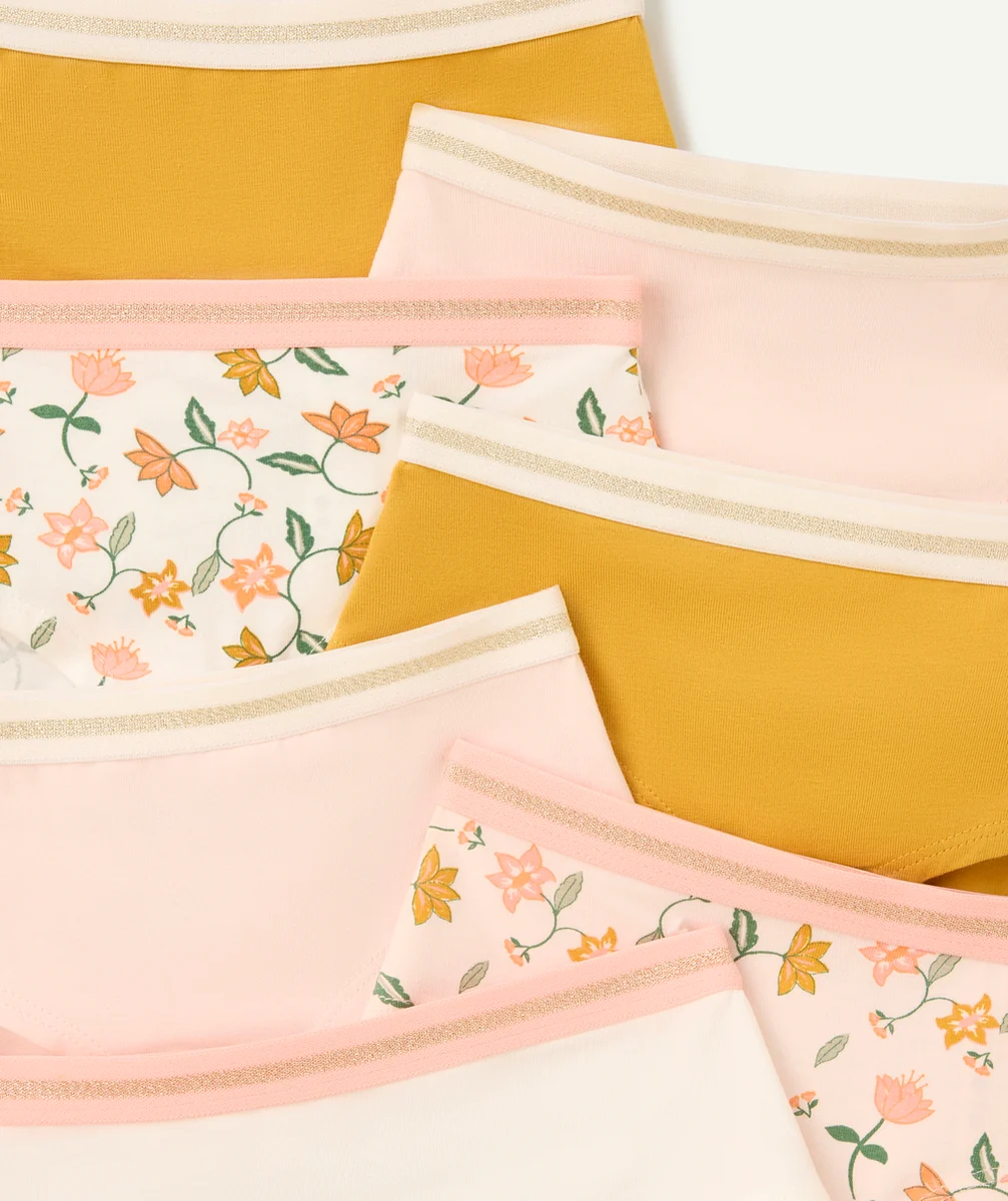 lot de 7 shorties fille en coton bio jaune blanc et rose imprimé à fleurs