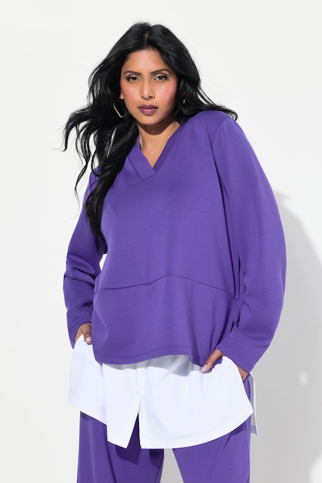 Sweatshirt, Bluseneinsatz, V-Ausschnitt, Langarm