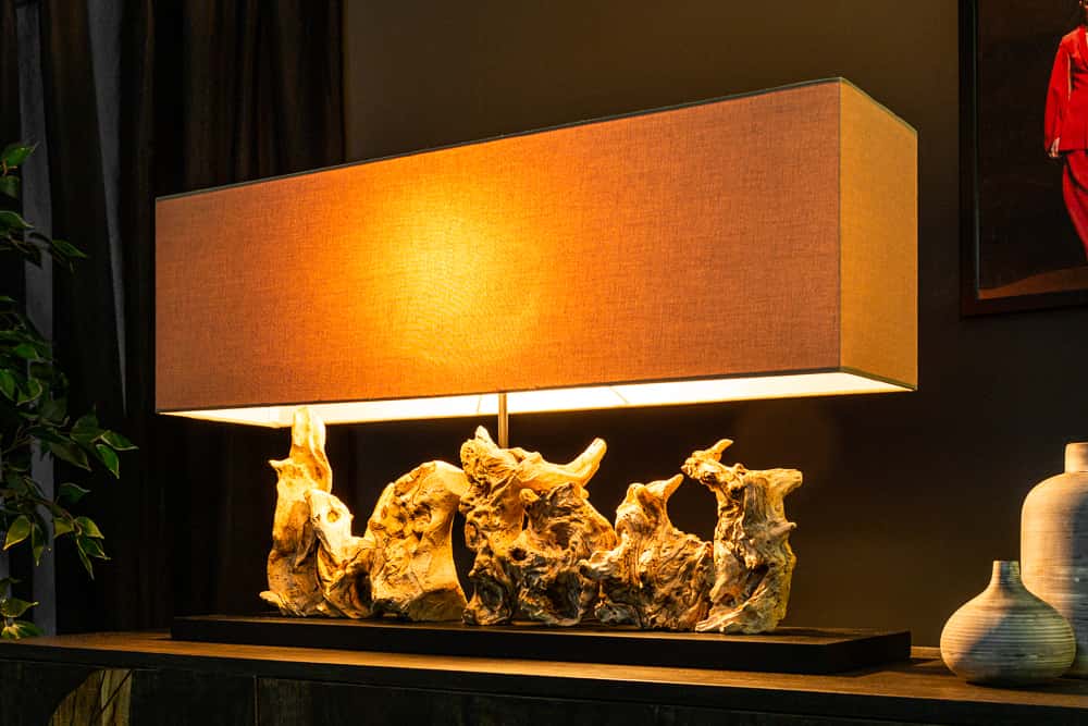 Einzigartige Treibholz Tischlampe PURE UNIQUE 80cm beige mit Leinenschirm