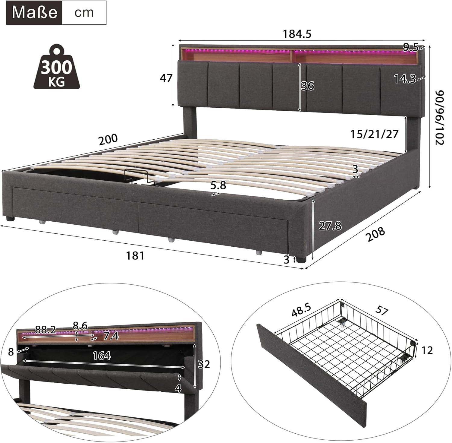Polsterbett Doppelbett 180x200 cm mit LED-Beleuchtung, Hydraulisch Bett mit Stauraum Schubladen und Kopfteil, Stauraumbett Bettgestell mit Bettkasten und Lattenrost, Leinen, Grau, Ohne Matratze DS0852800