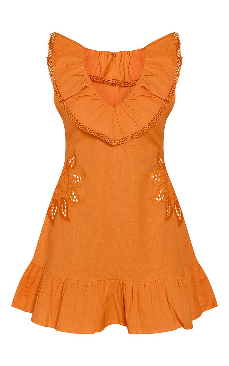 Orange Robe Droite À Volants Aspect Lin