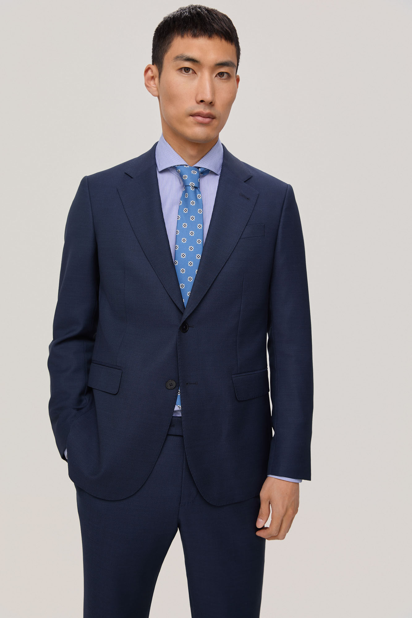 Terno estilo americano com estampa de olho de perdiz, modelagem slim fit - Azul