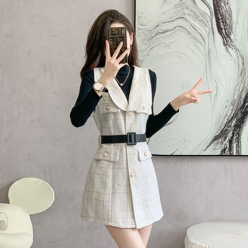 Kwuartz - Set: Mock Neck Effen Trui + Geruite Mini Overall Jurk