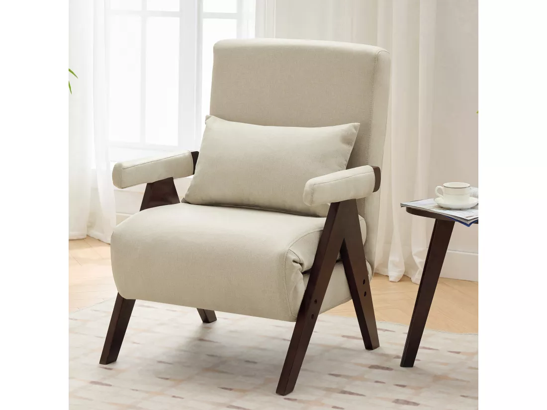 Fauteuil convertible 3 en 1, Canapé-lit pliant - 64 x 68.5 x 93 cm - Tissu en lin - avec fonction couchage Beige + noyer