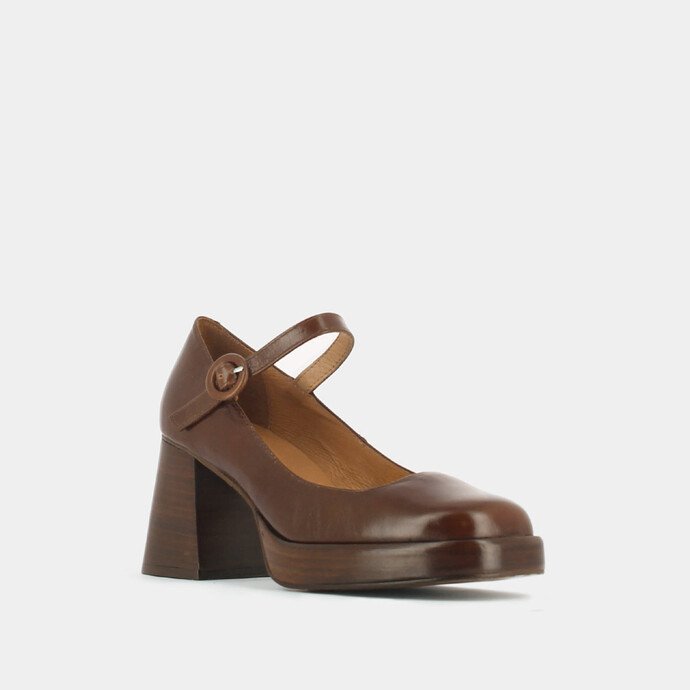Babies à talon et plateforme  en cuir vieilli marron