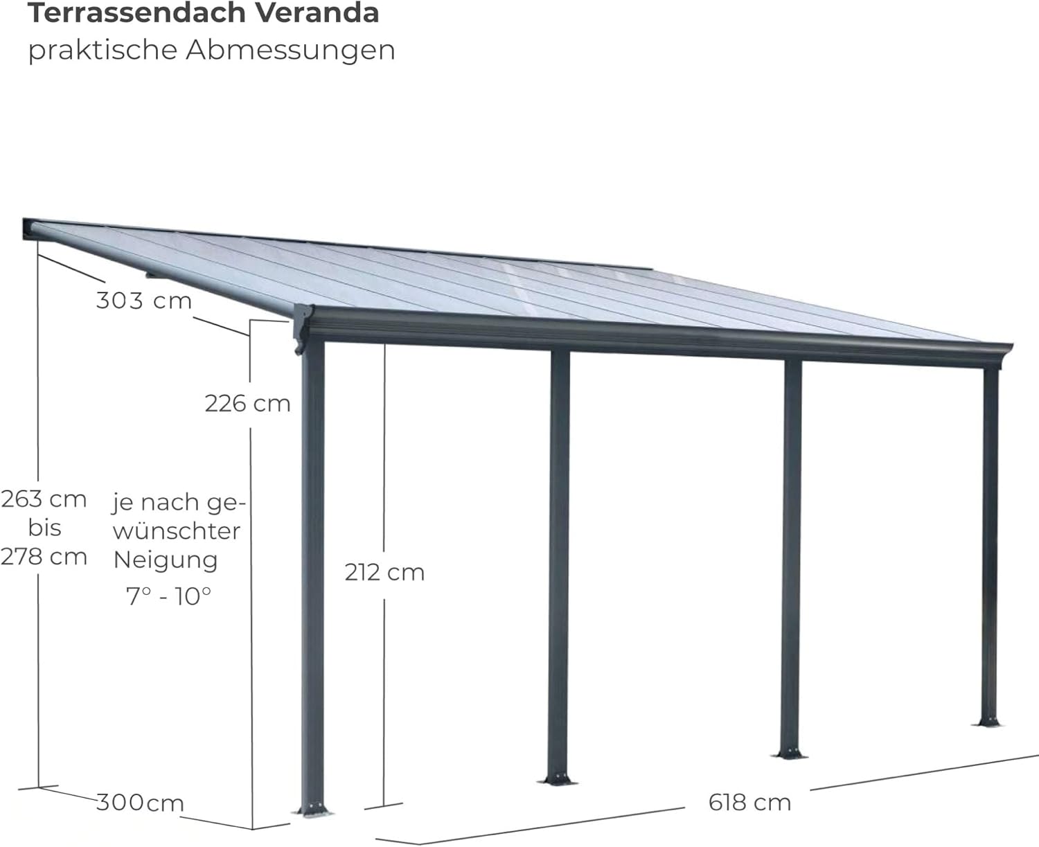 Terrassendach Veranda Aluminium transparentes Dach | Terrassenüberdachung Veranda XXL anthrazit 618 x 300 x 263-278 cm (LxBxH)