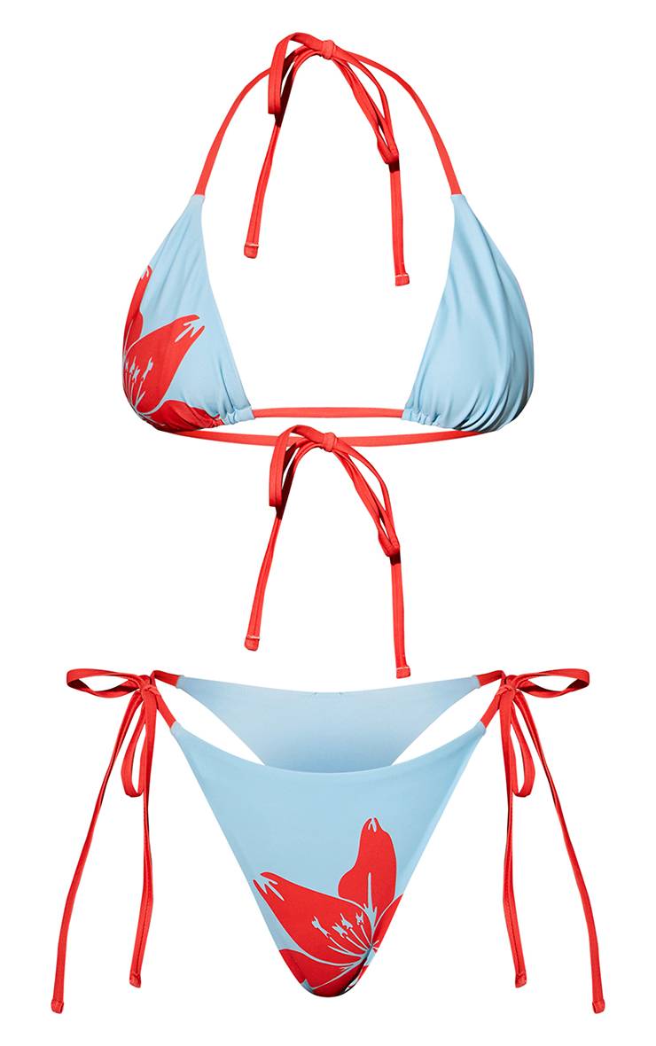 Bleu Bas De Bikini À Imprimé Hibiscus Contrasté Avec Liens Sur Les Côtés