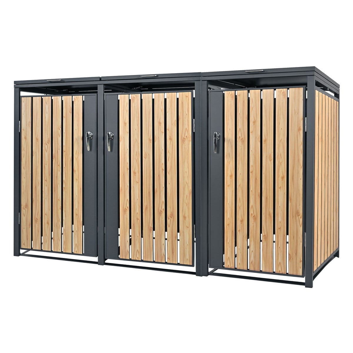 ML-Design 3-bak afvalcontainerbehuizing voor 3 bakken, 240L per stuk, 200x80x116,3cm, antraciet-larikslook, weerbestendig/afsluitbaar staal, bakdeksel met scharnierend deksel/3 deuren, afvalbakbox, afvalcontainer, afvalbakdeksel