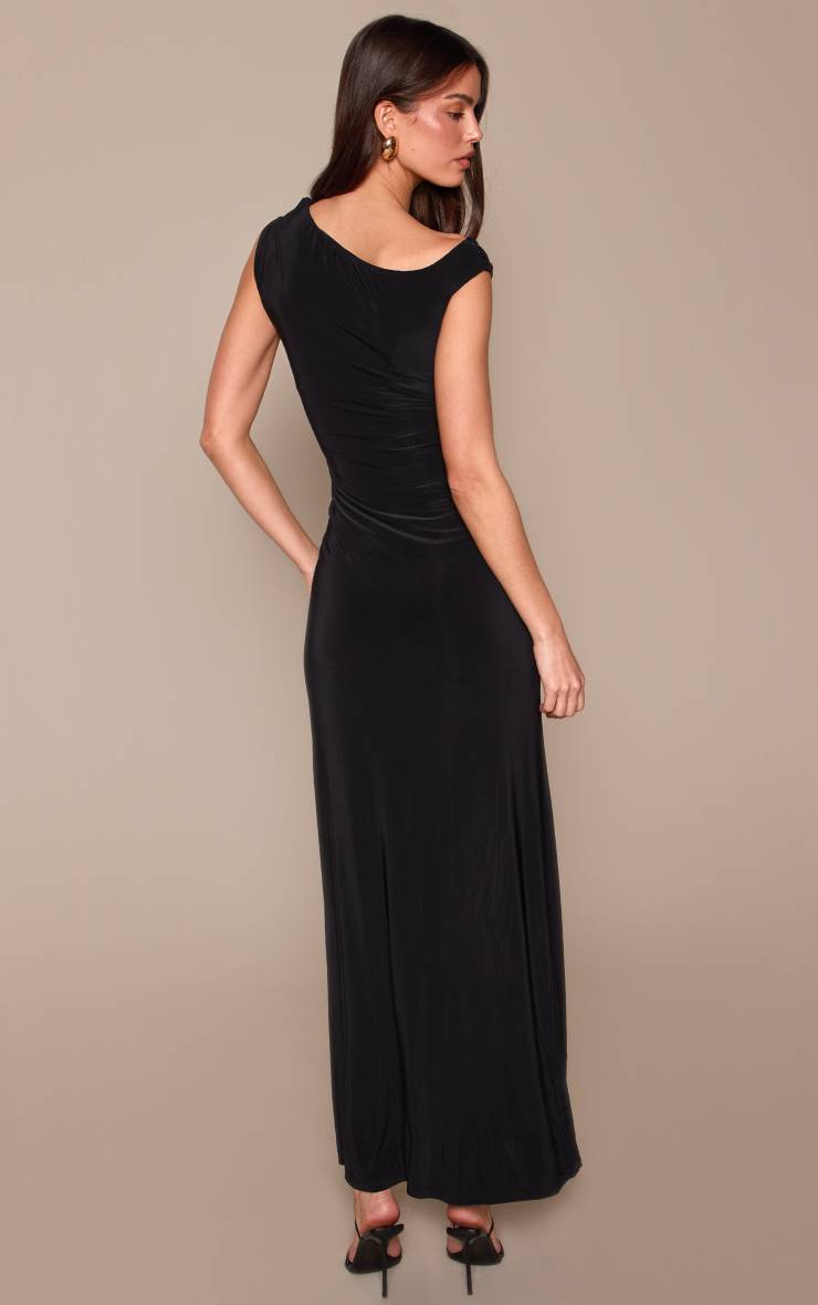 Noir Robe Maxi Moulante Chocolat À Une Épaule Avec Détails De Bordure Dorée