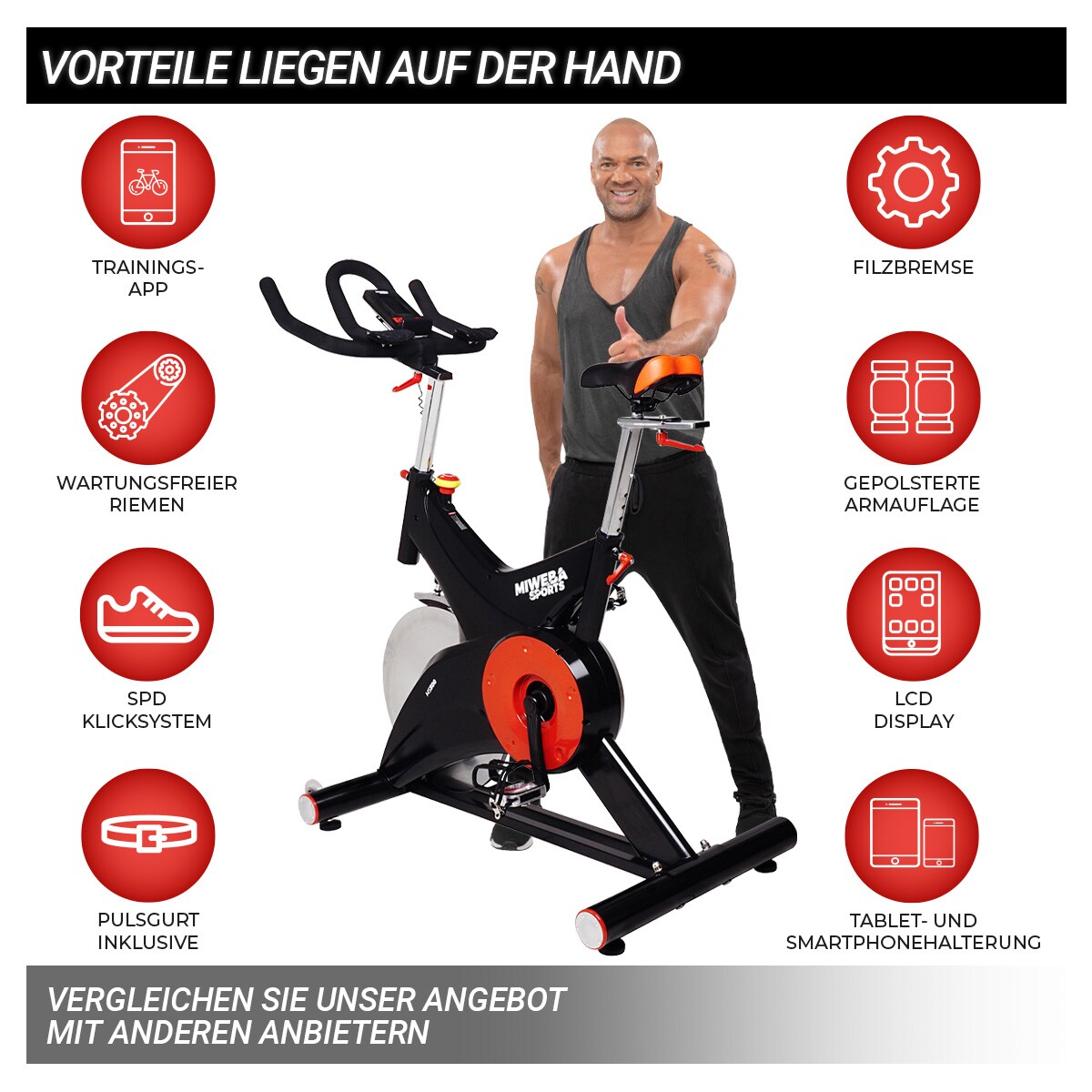 Miweba Sports Profi Indoor Cycle MS500, 25 kg Schwungrad, für zuhause geeignet (Schwarz)