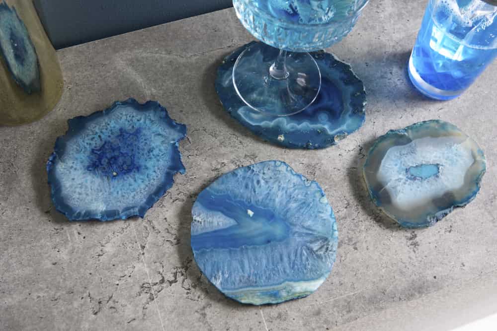 4er Set Untersetzer für Gläser COASTER 10cm blau Edelstein Achat Quarz handmade