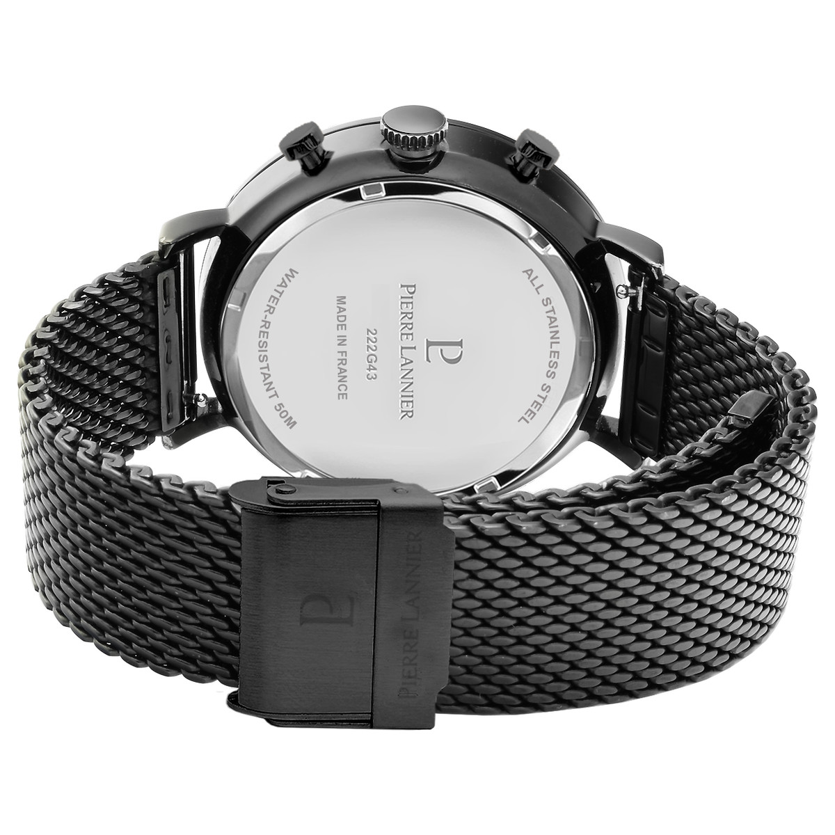 Montre Pierre Lannier homme acier noir bracelet acier noir maille milanaise