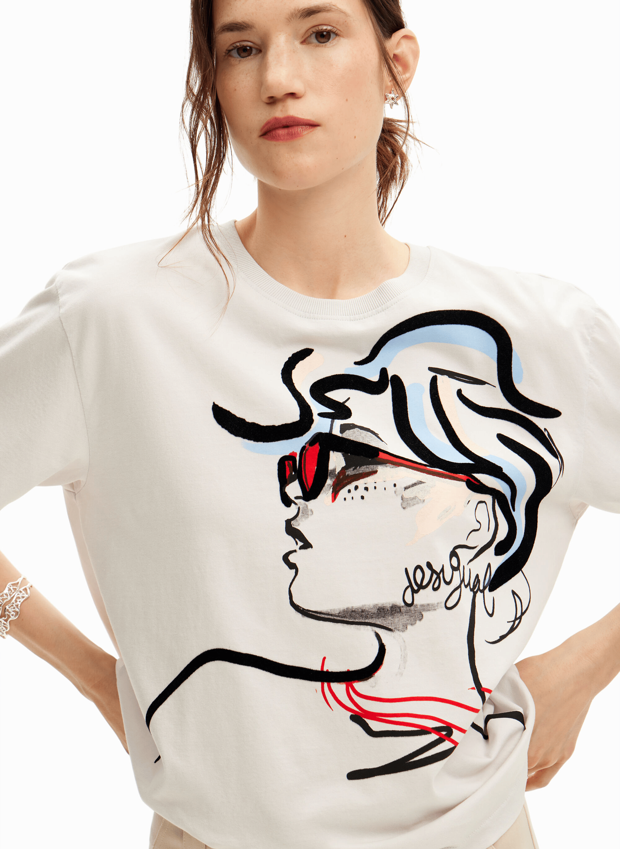 Tee-shirt col rond droit en coton sérigraphié | Blanc
