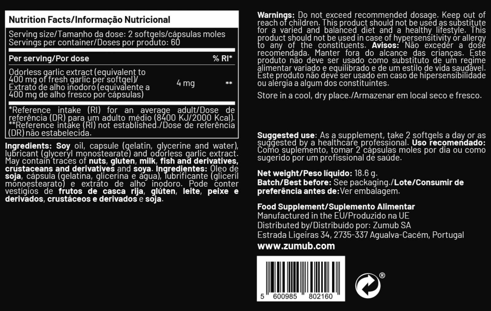 Zumub Alho Inodoro 60 Cápsulas Softgel