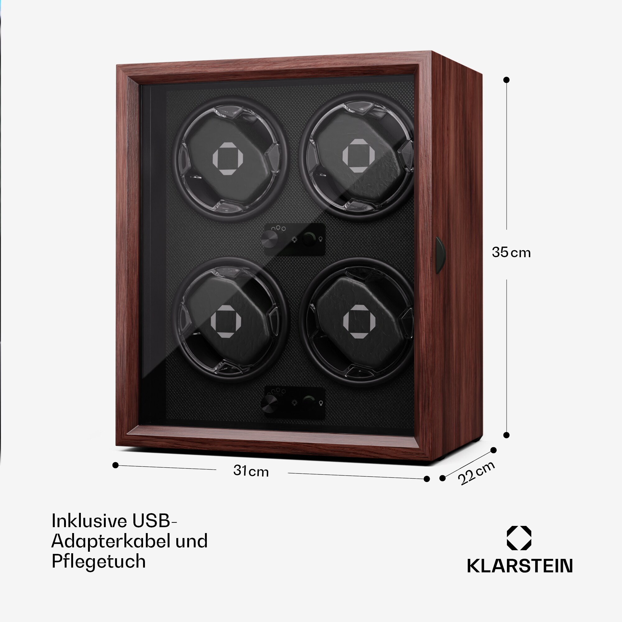 Brienz 4 Uhrenbeweger, 4 Uhren, 4 Modi, Holz-Optik, blaue Innenbeleuchtung Walnuss