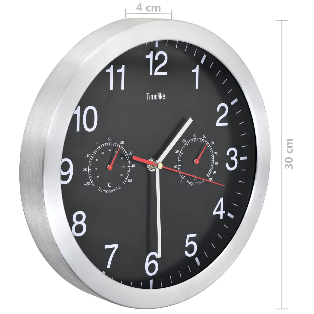 vidaXL Wandklok met hygrometer en thermometer, 30 cm, zwart