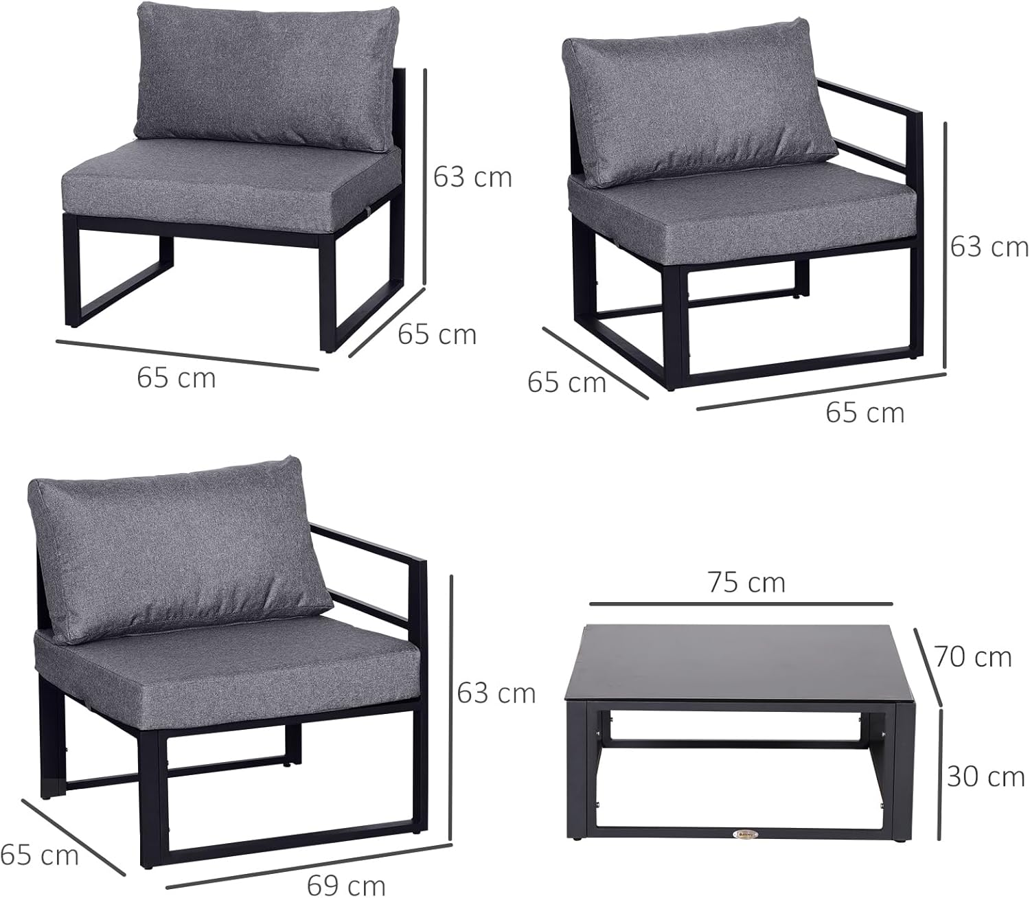 Outsunny 6-TLG. Gartengarnitur Gartenset Gartensofaset Sitzgruppe Gartenmöbel Alu+ Polyester + Hartglas Grau 4 x Sessel 1 x Ecksofa 1 x Beistelltisch Kissen für 4–5 Personen
