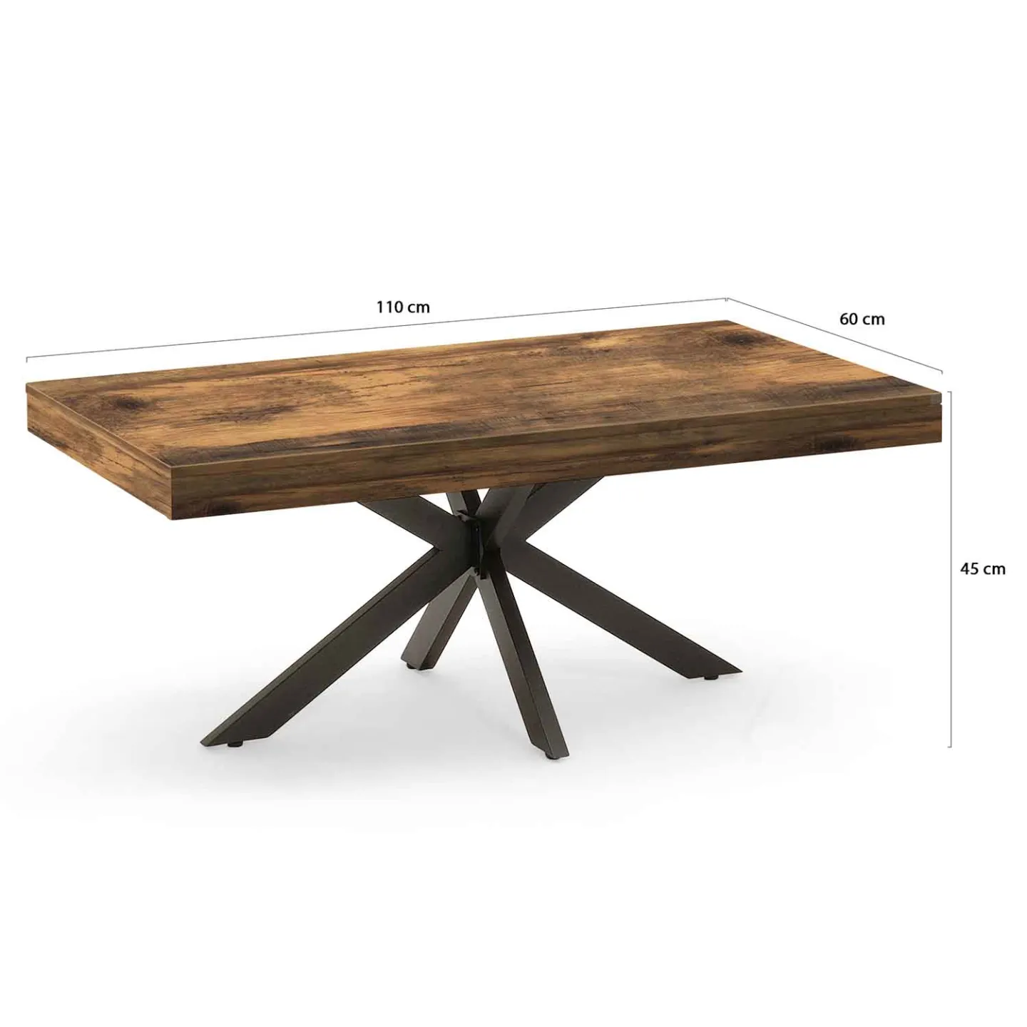 Table basse rectangulaire ALIX 110 cm pied araignée bois foncé effet vieilli et noir