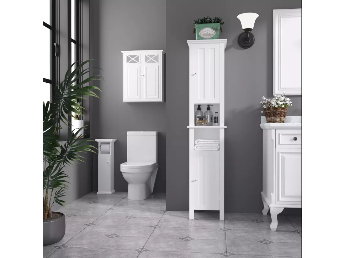 Meuble colonne de salle de bain 2 portes 2 étagères 2 niches - dim. 35L x 30l x 158H cm - MDF blanc