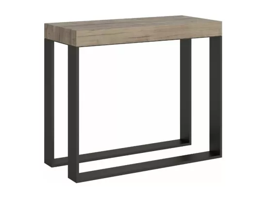 Console extensible bois et 2 pieds acier anthracite Elatra 90x40-196 ou 90x40-300-Couleur Naturel-Support 2 pieds-Rallonges 1 rallonge fine