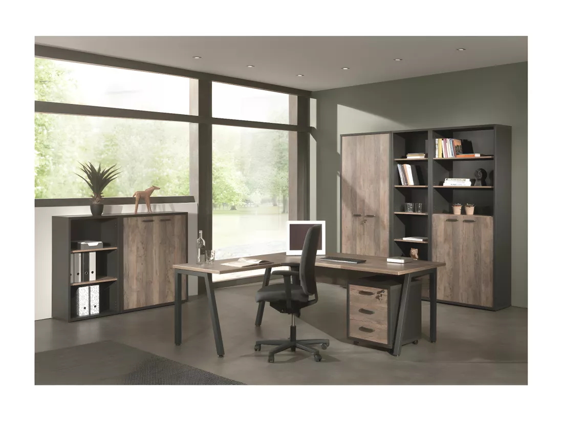 Bibliothèque de Bureau - Meuble 2 Portes et étagères Chêne vieilli et Noir | Collection SOON | Meublorama