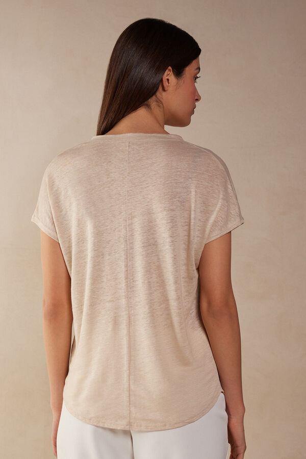 Camiseta de linho com decote em V e manga curta
