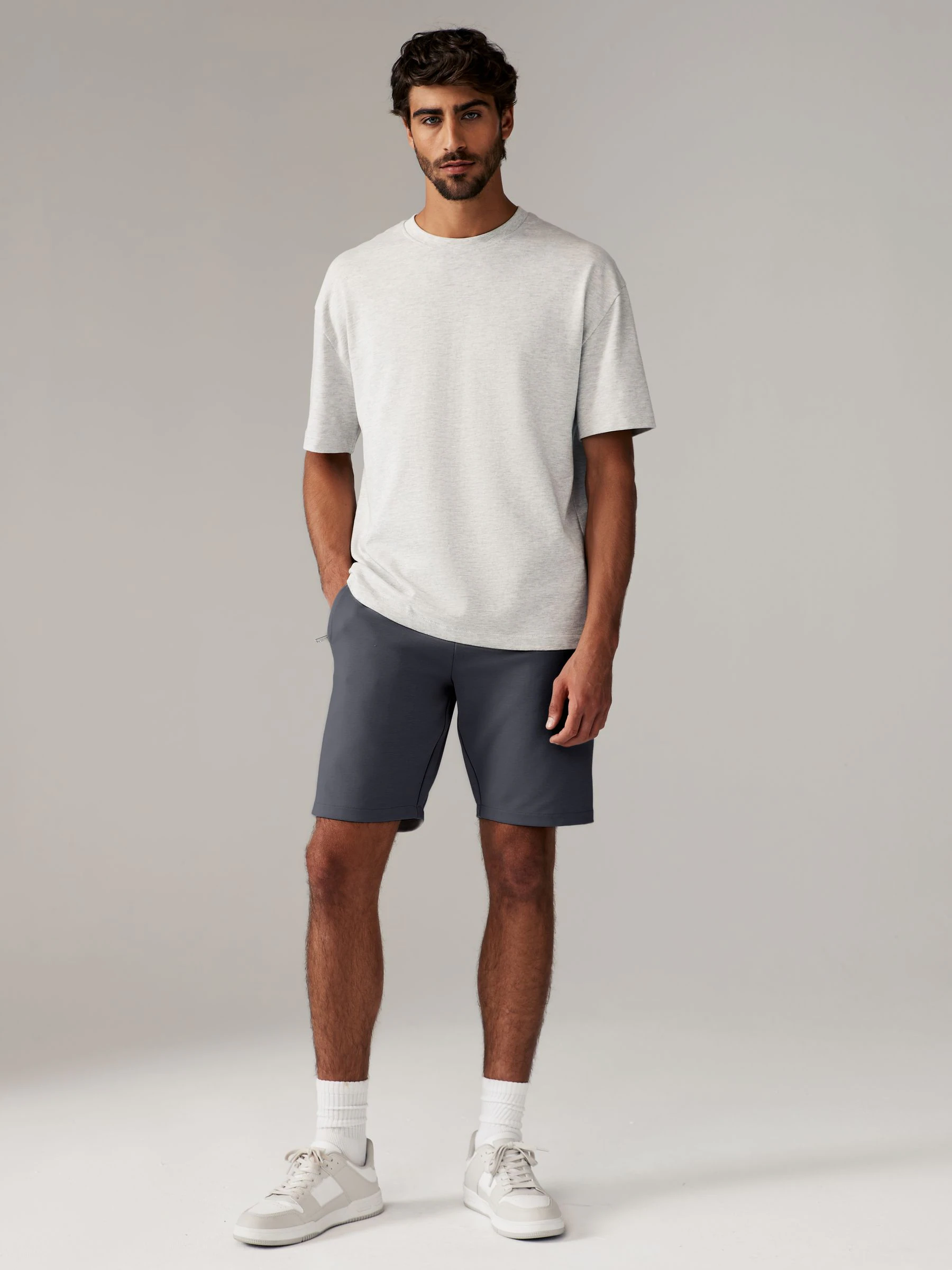 Leisteenkleurig/marineblauw - 2 jersey shorts met ritszakje