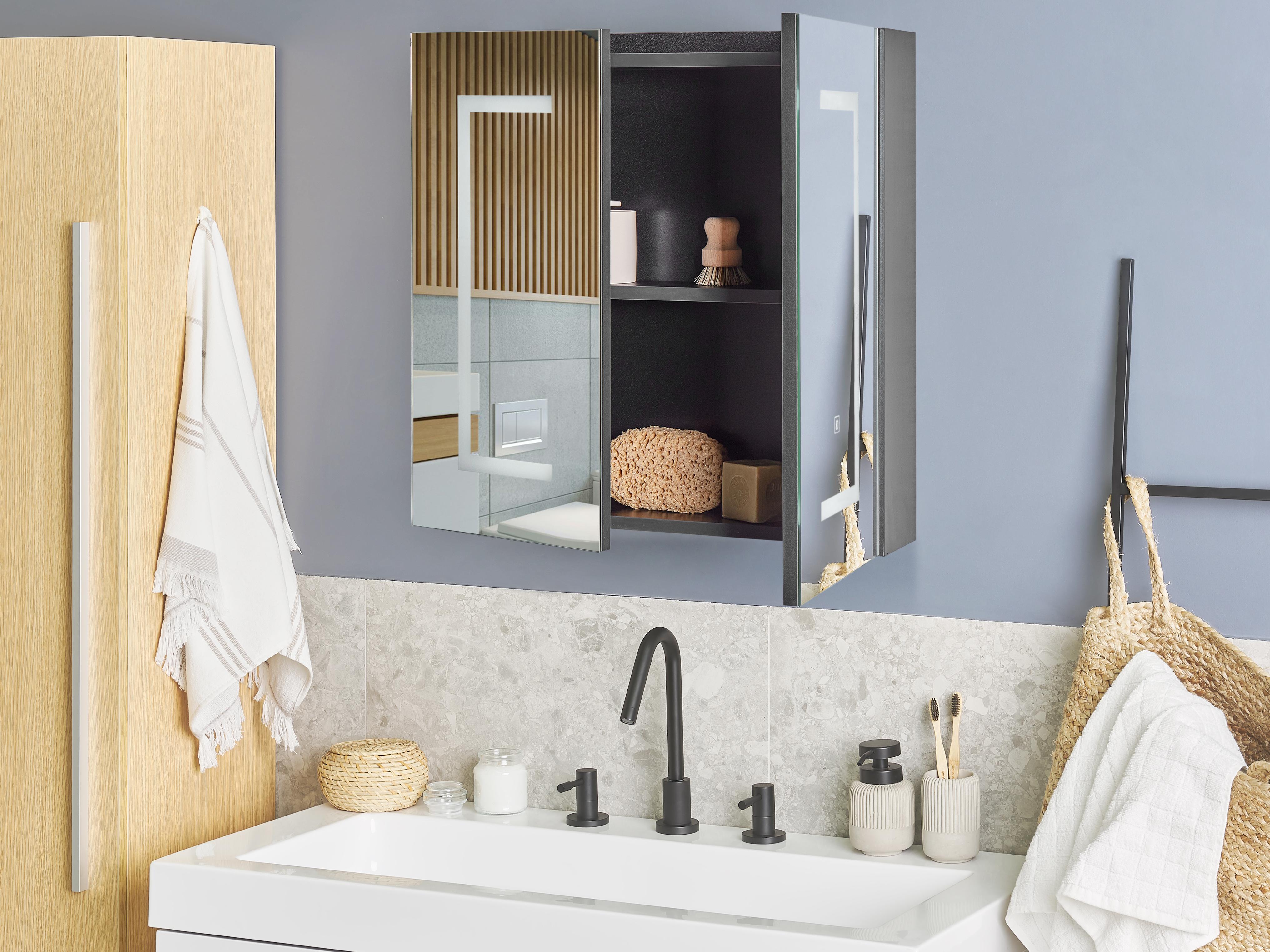 Badkamer wandkast met spiegel LED MAZARREDO 60 cm 60 cm Zwart
