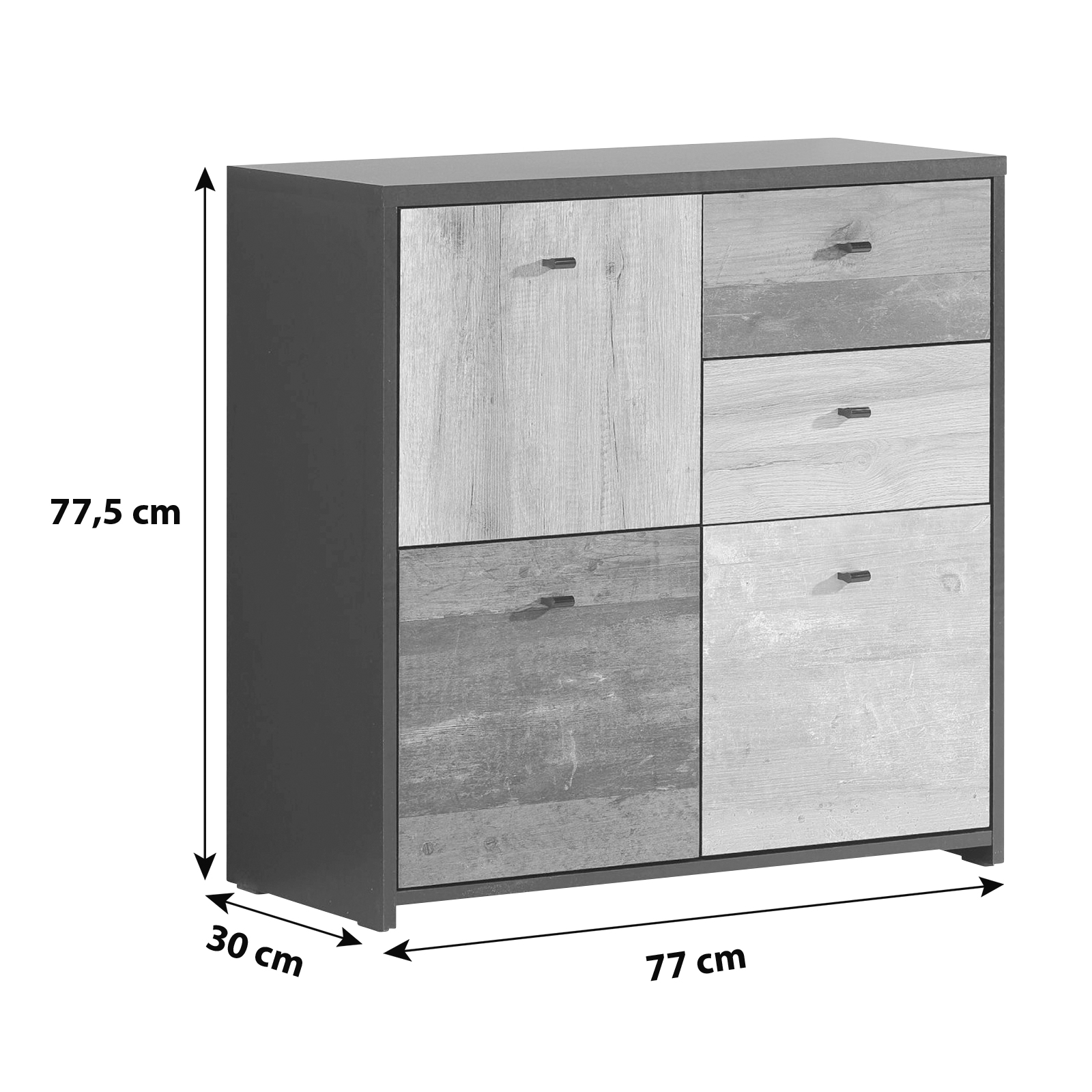 Kommode - Eiche-Pinie-schwarz - 77 cm breit