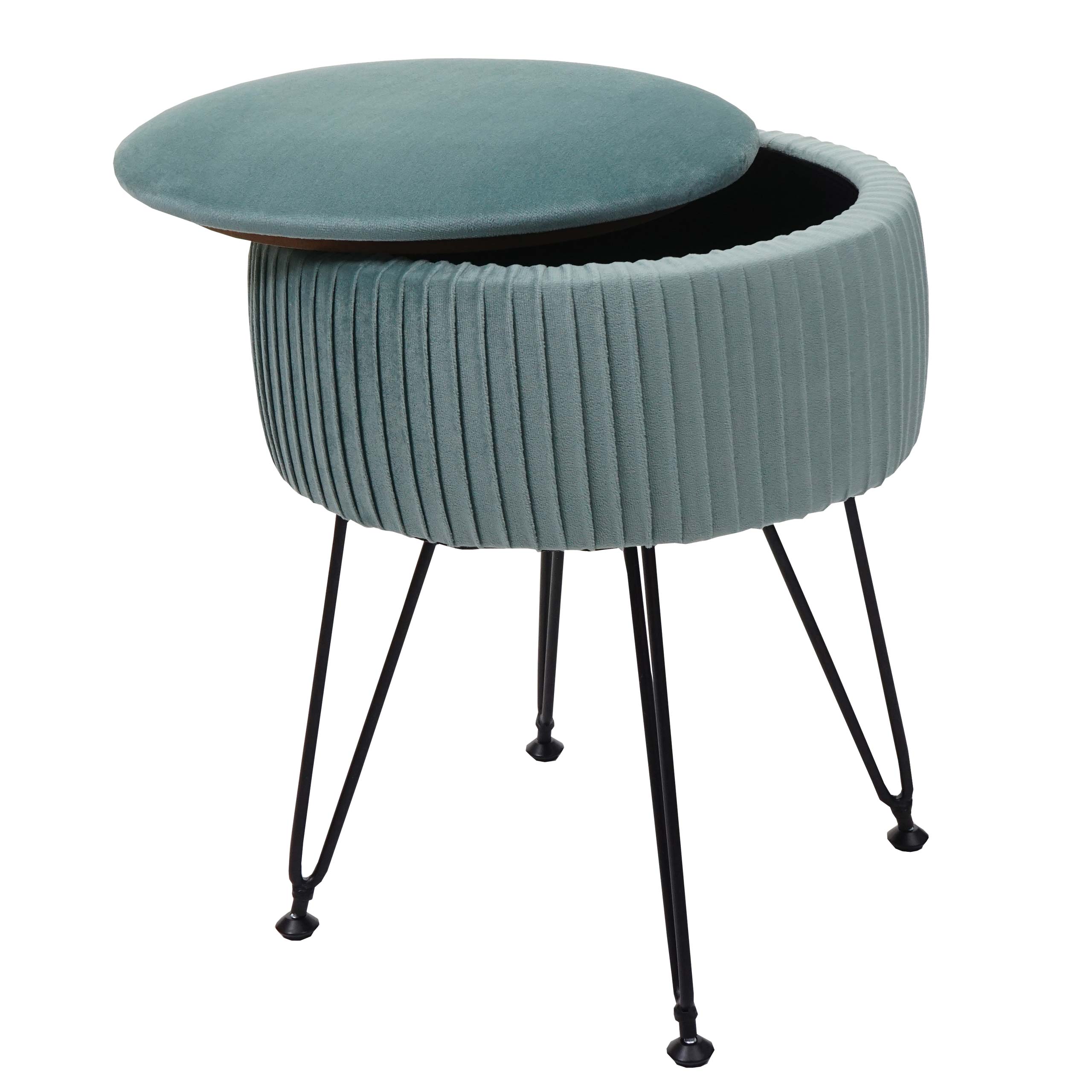Sitzhocker MCW-K47, Hocker mit Staufach, Ø 33cm, Samt-Optik ~ grün, Gestell schwarz