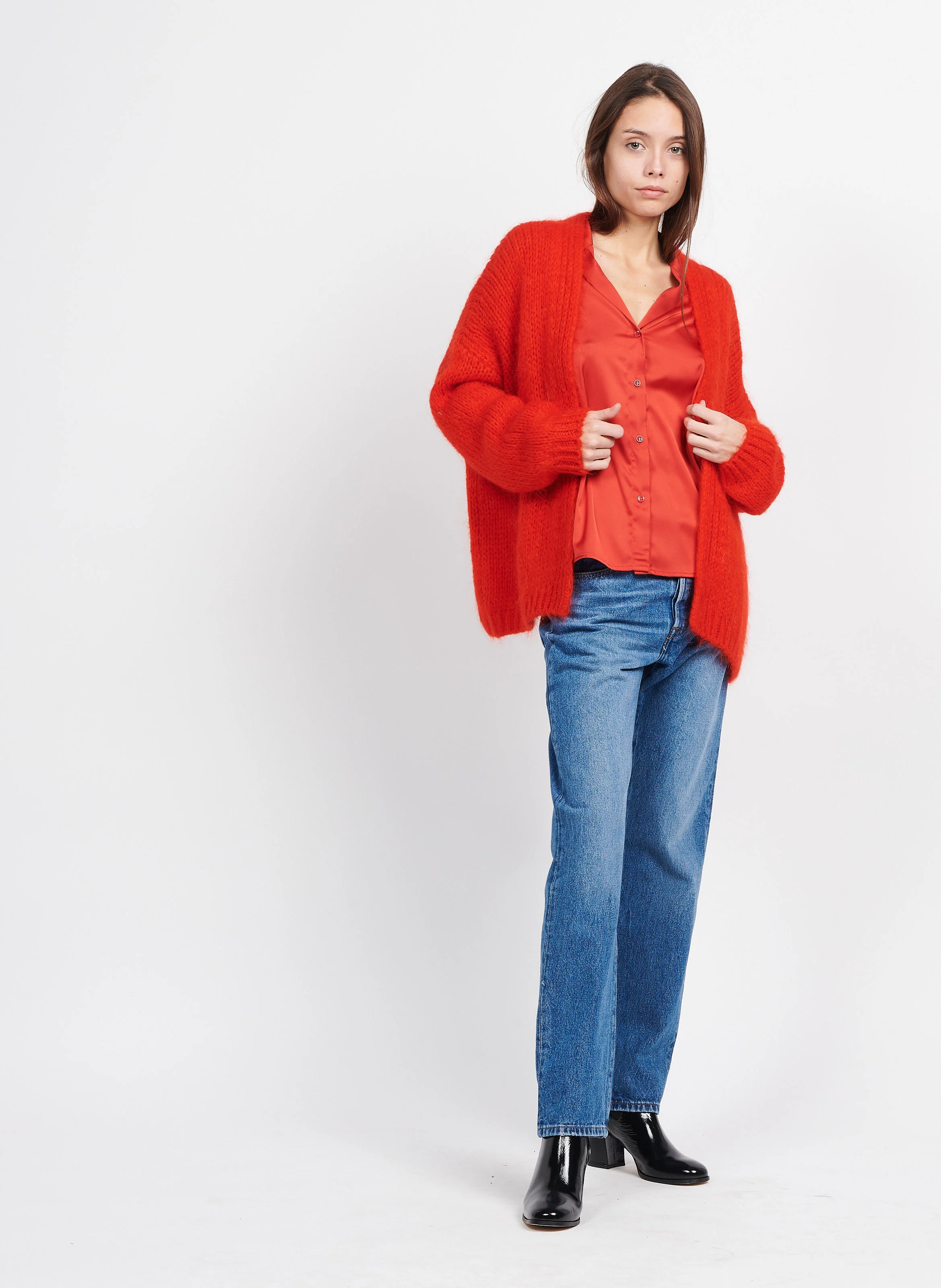 Chemise col V satinée | Orange