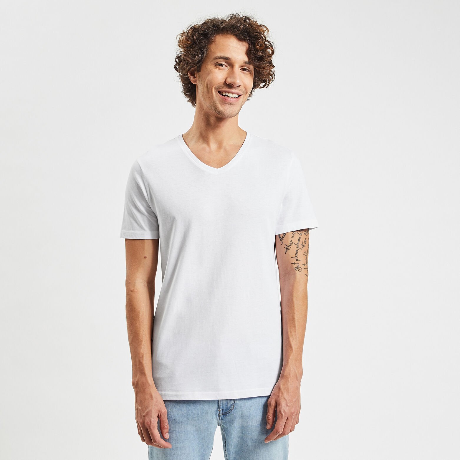 Tee shirt basique col V coton issu de l'agri biolo Blanc