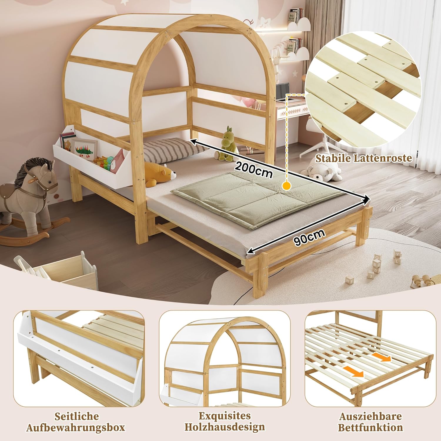Merax Kinderbett 140x200 cm mit Ausziehbett, Gewölbtes Dachbett Hausbett, Tagesbett mit Ablagefläche, Erweiterbares Schiebebett aus Kiefer+MDF, Weiß/Natur, Stabiler Lattenrost, Ohne Matratze