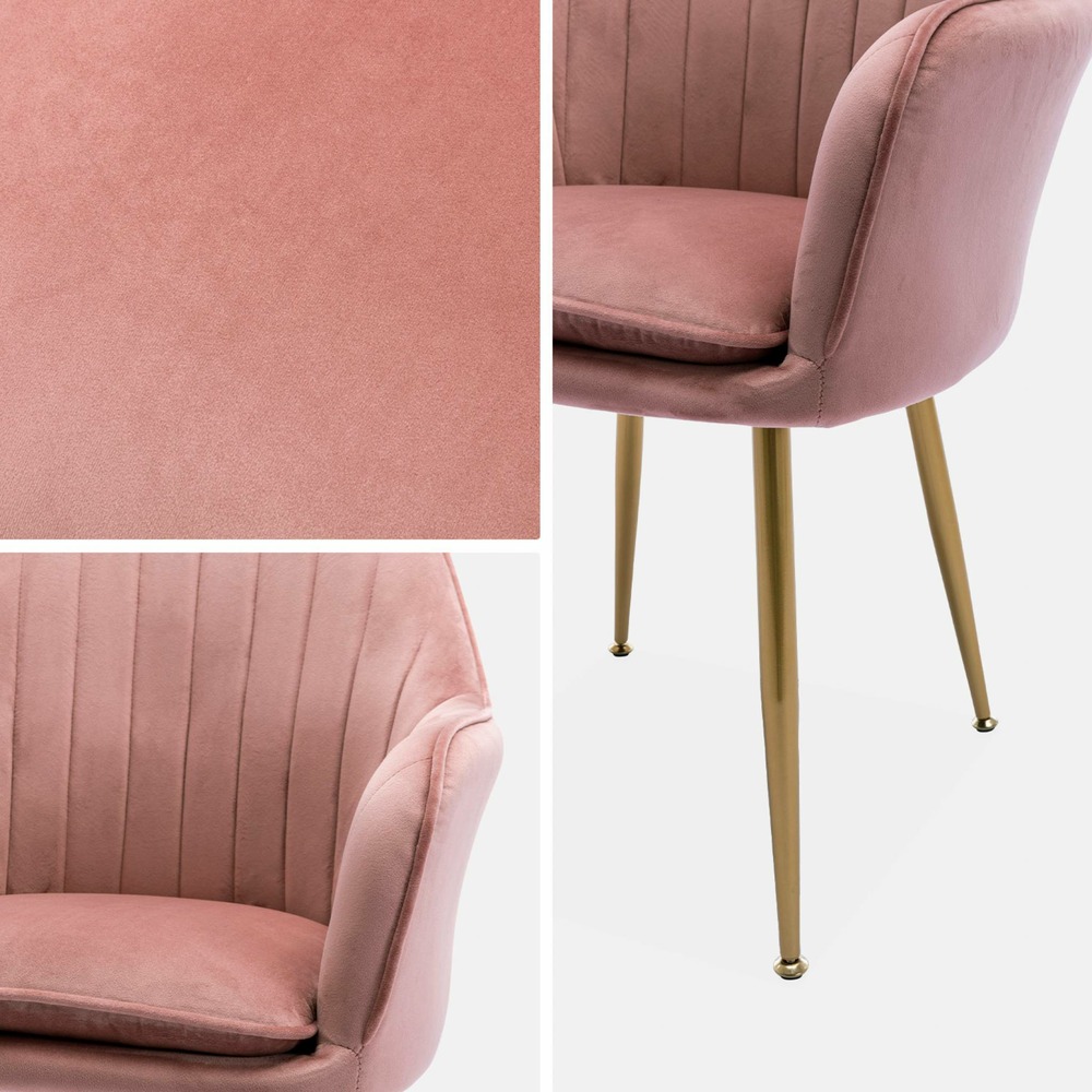 Fauteuil en velours vieux rose et pieds en métal doré. Shella l 58 x p 58 x h 85