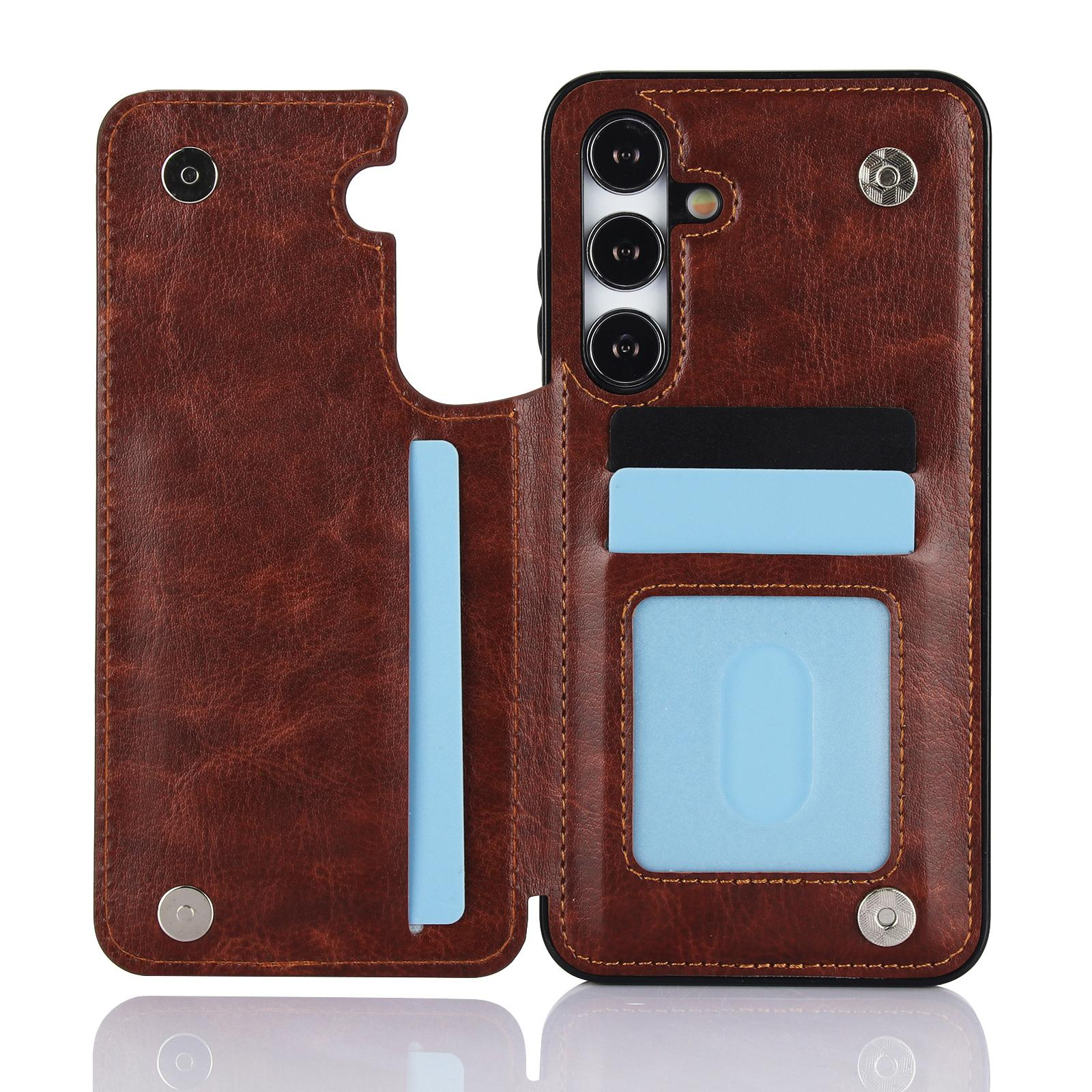 Samsung Galaxy S24 Hybrid Leder Hülle mit Kartenfach   Kickstand Aufsteller - Braun